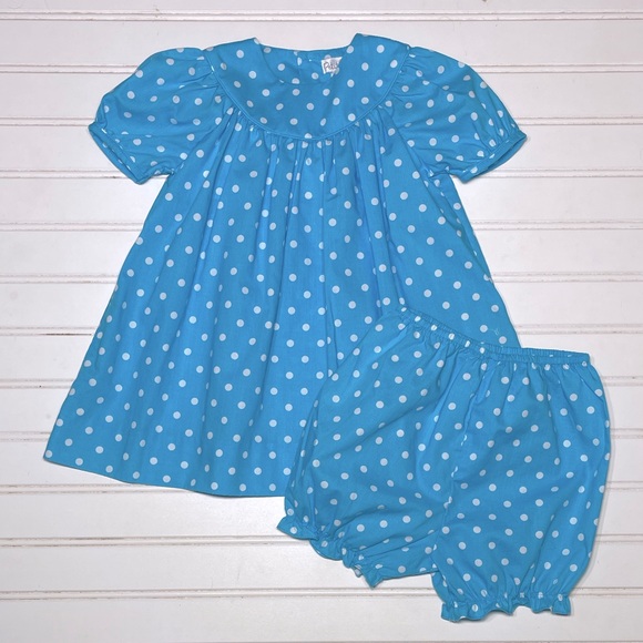 PETIT AMI Baby Girls Blue Polka Dot Dresss Bloomers Matching Set - Picture 1 of 1